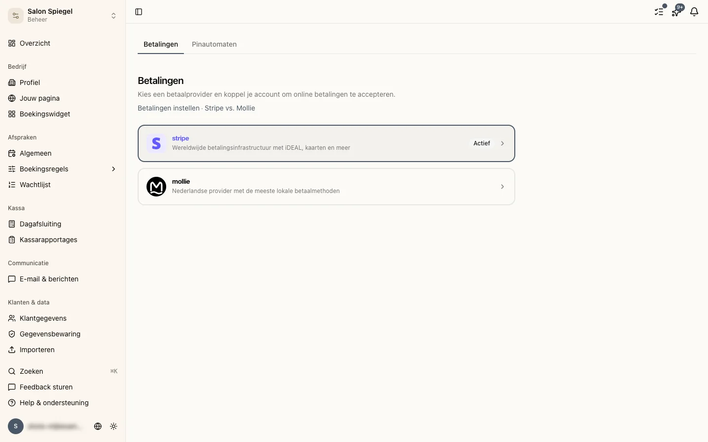 Betalingsinstellingen met verbonden Stripe status