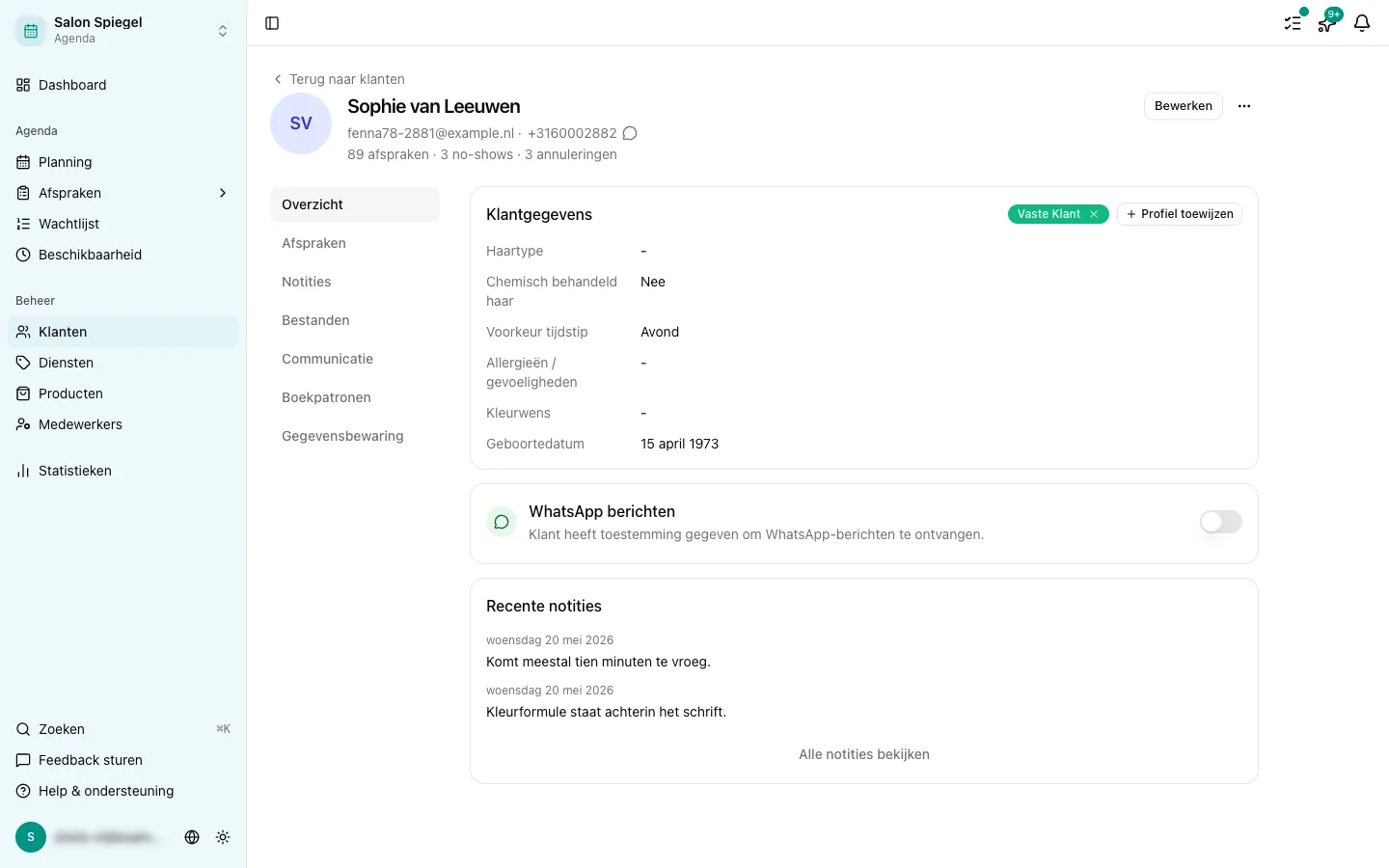 Klantprofiel met afspraakgeschiedenis en notities