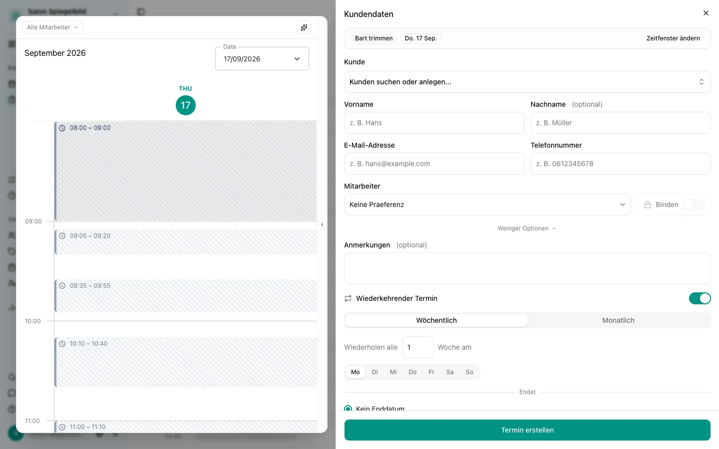 Formular für einen neuen Termin mit den Optionen für Wiederholungen