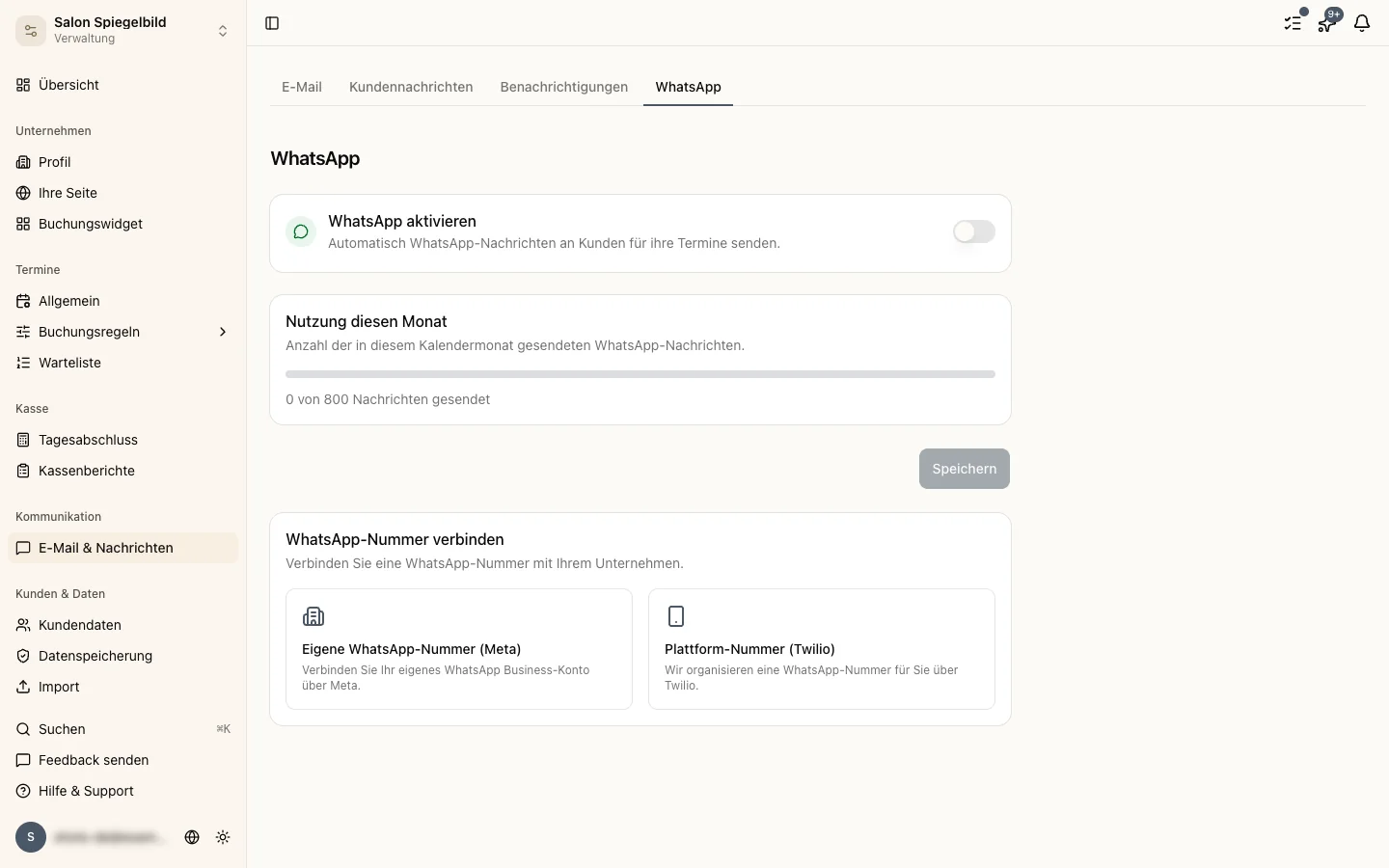 Die Einstellungsseite für WhatsApp