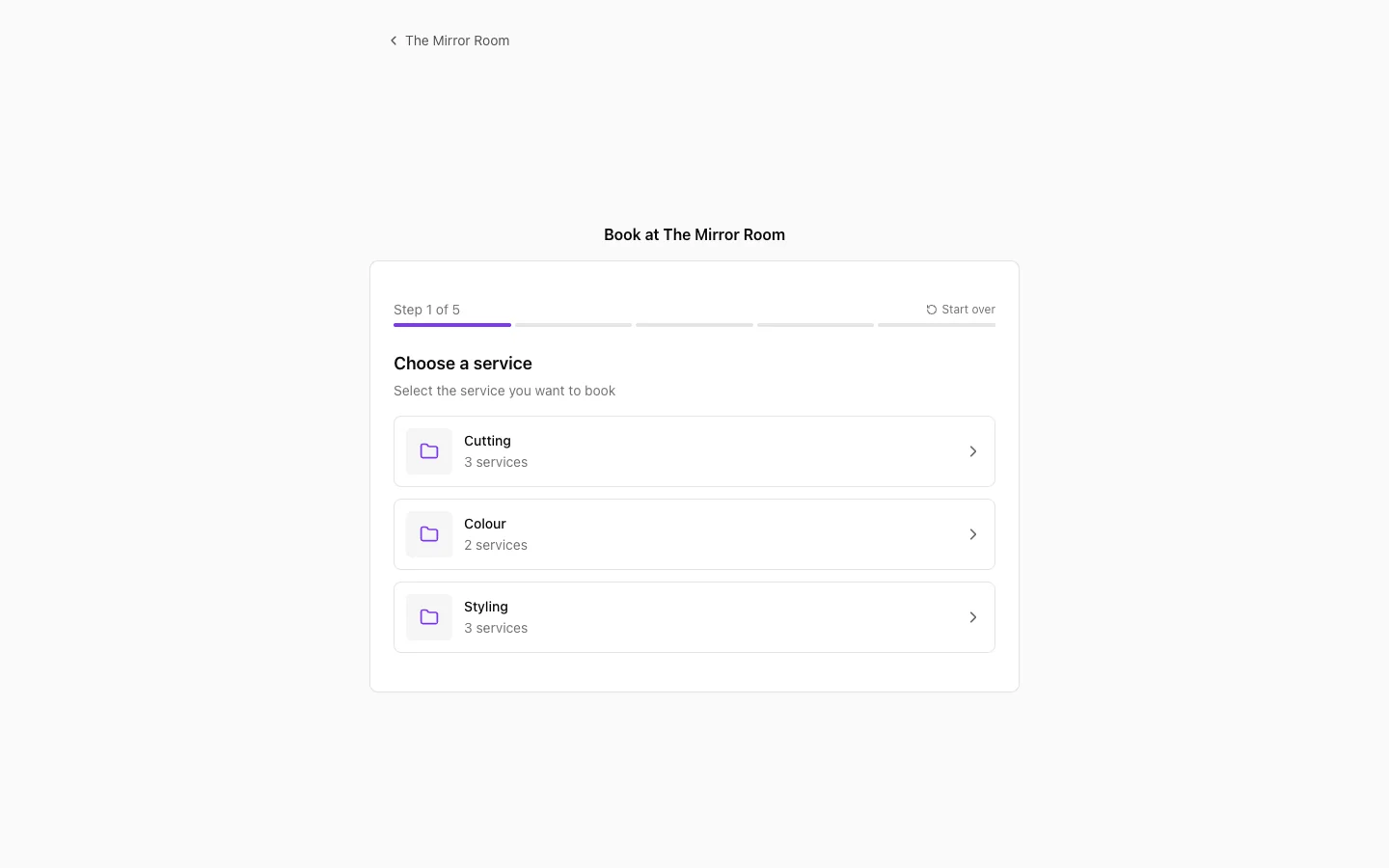 Step 1: picking a service in the booking widget