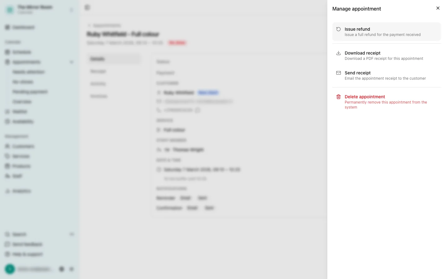 The appointment detail with its refund button