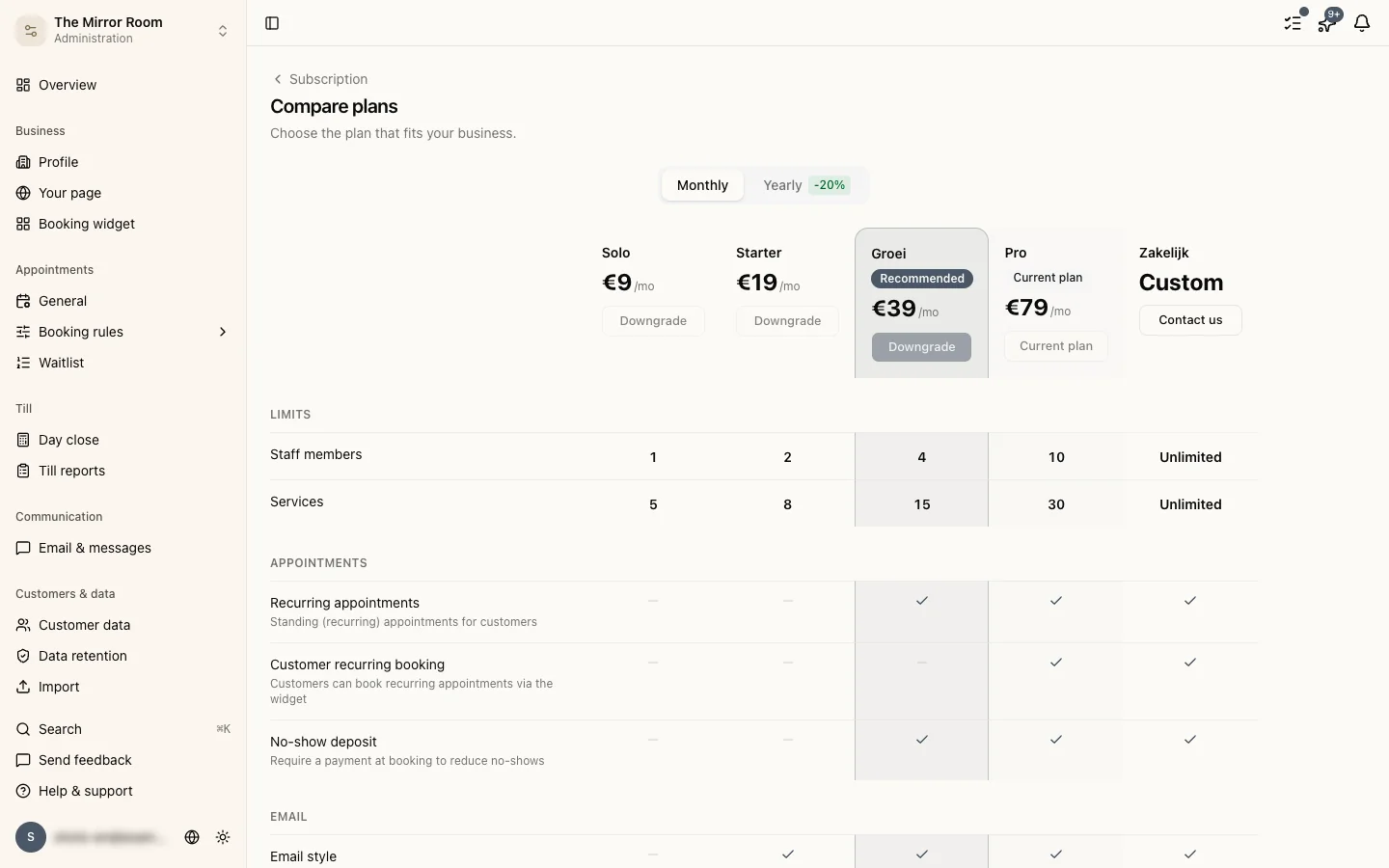 The plan selection page