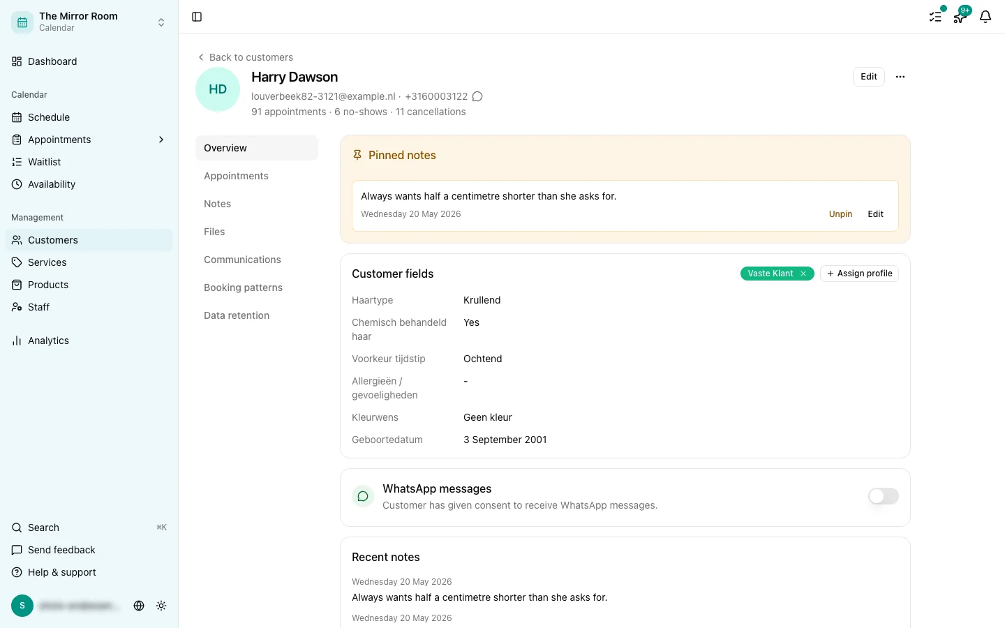 A customer profile with appointment history and notes
