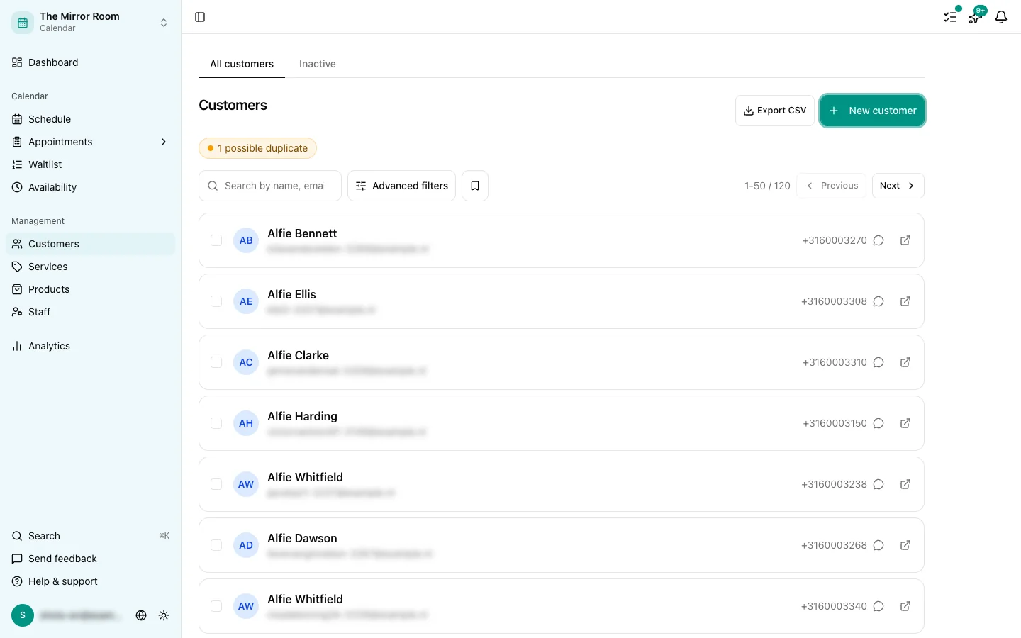 The customer list in the dashboard