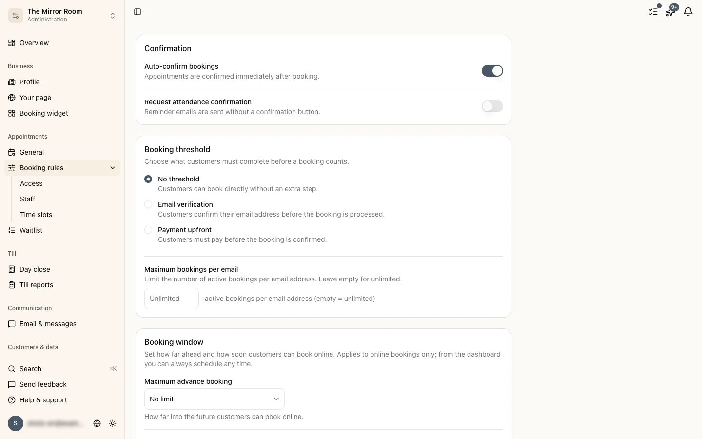 The booking flow settings with their switches