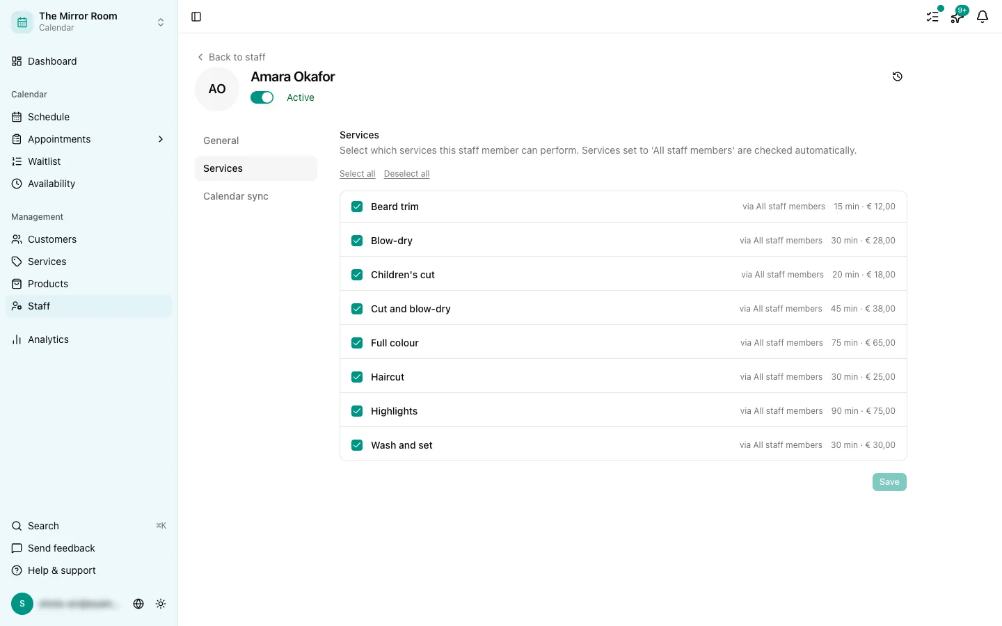 A staff member's page with their linked services