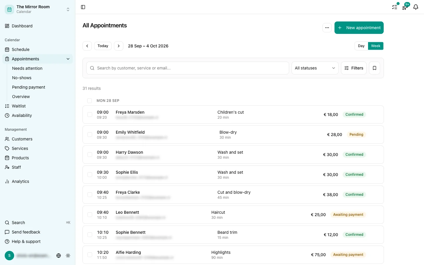 The appointments overview with its filter and search bar