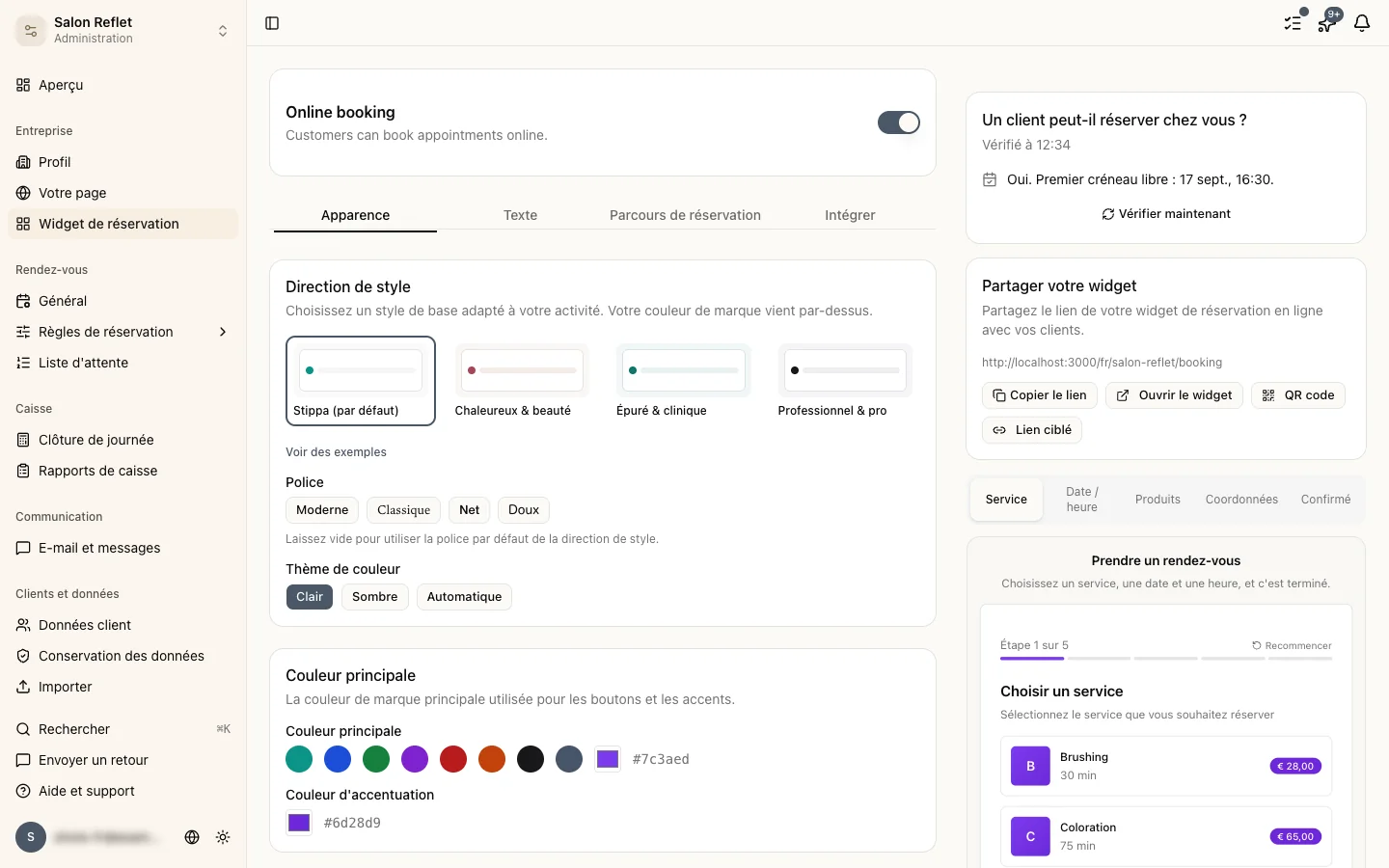 La page de paramètres du widget de réservation