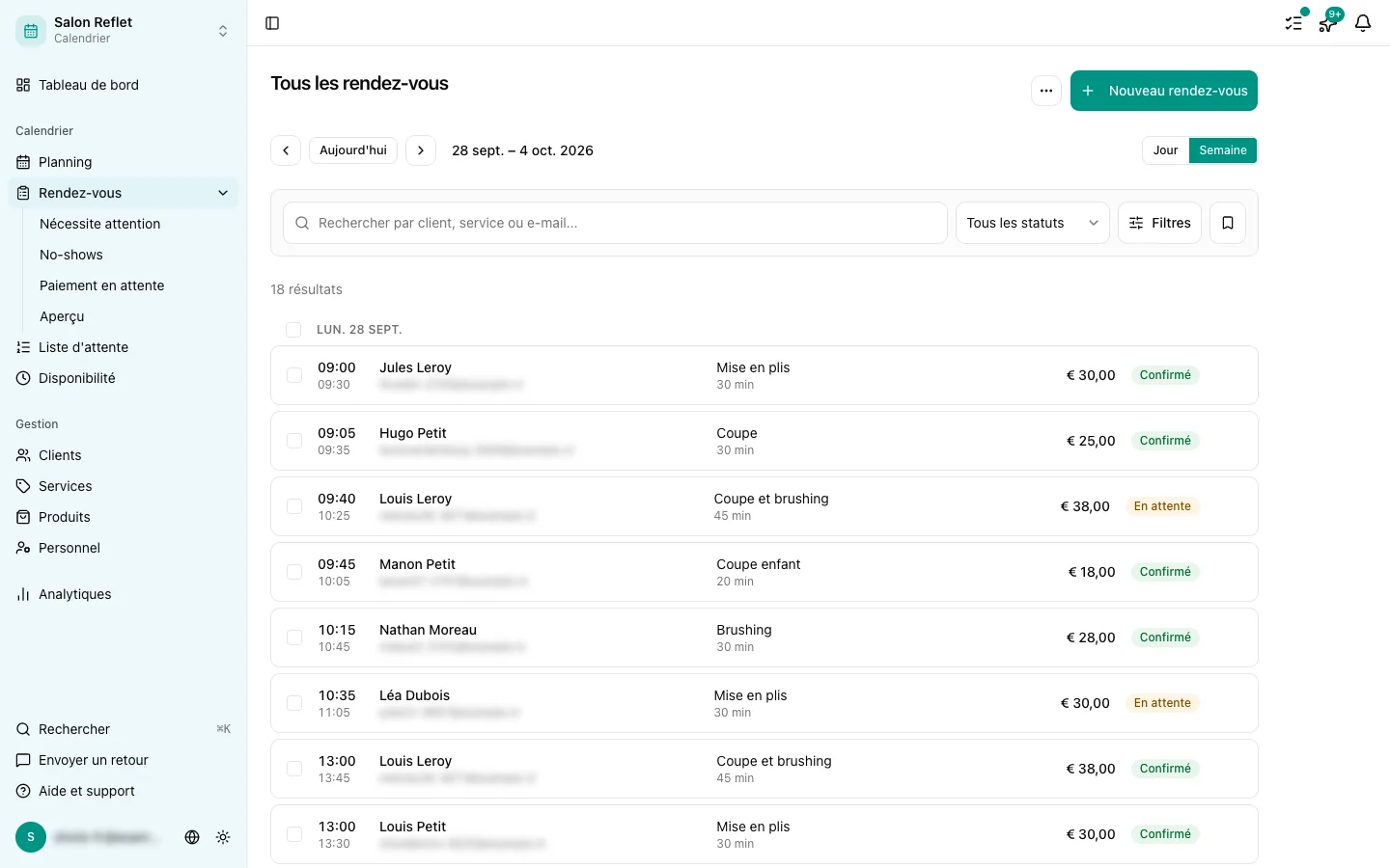 La liste des rendez-vous avec la barre de filtre et de recherche