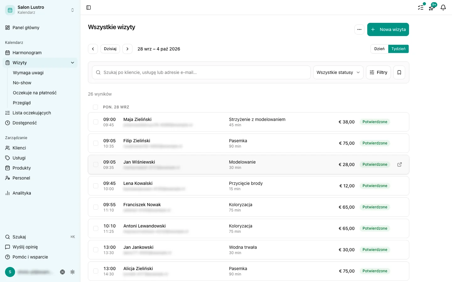 Lista wizyt z różnymi plakietkami statusu