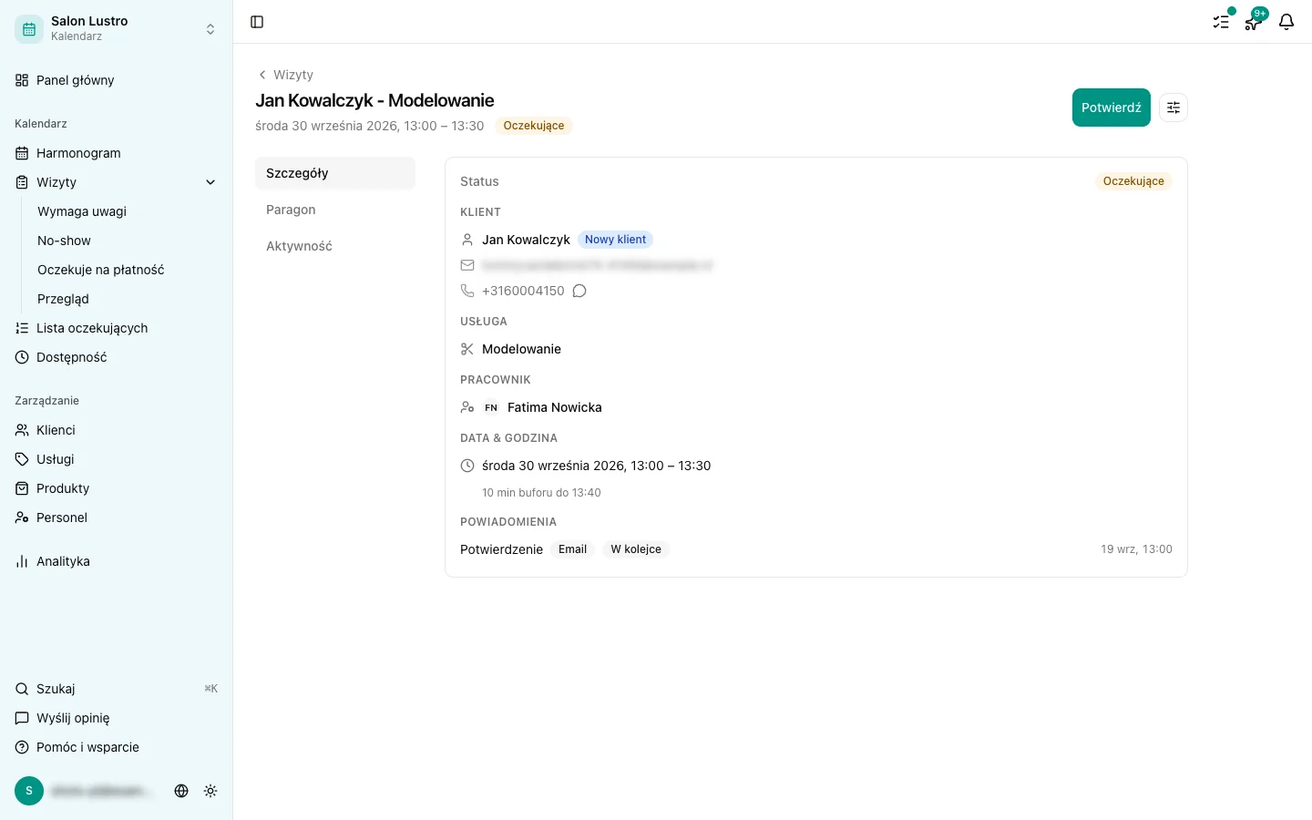 Zmiana statusu w panelu szczegółów wizyty