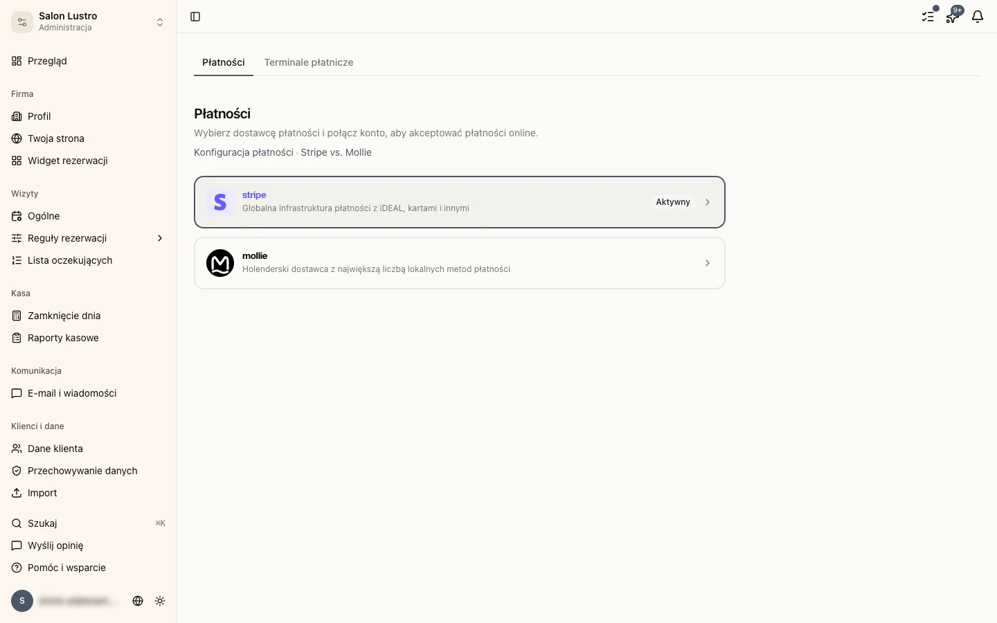 Ustawienia płatności ze statusem połączonego Stripe