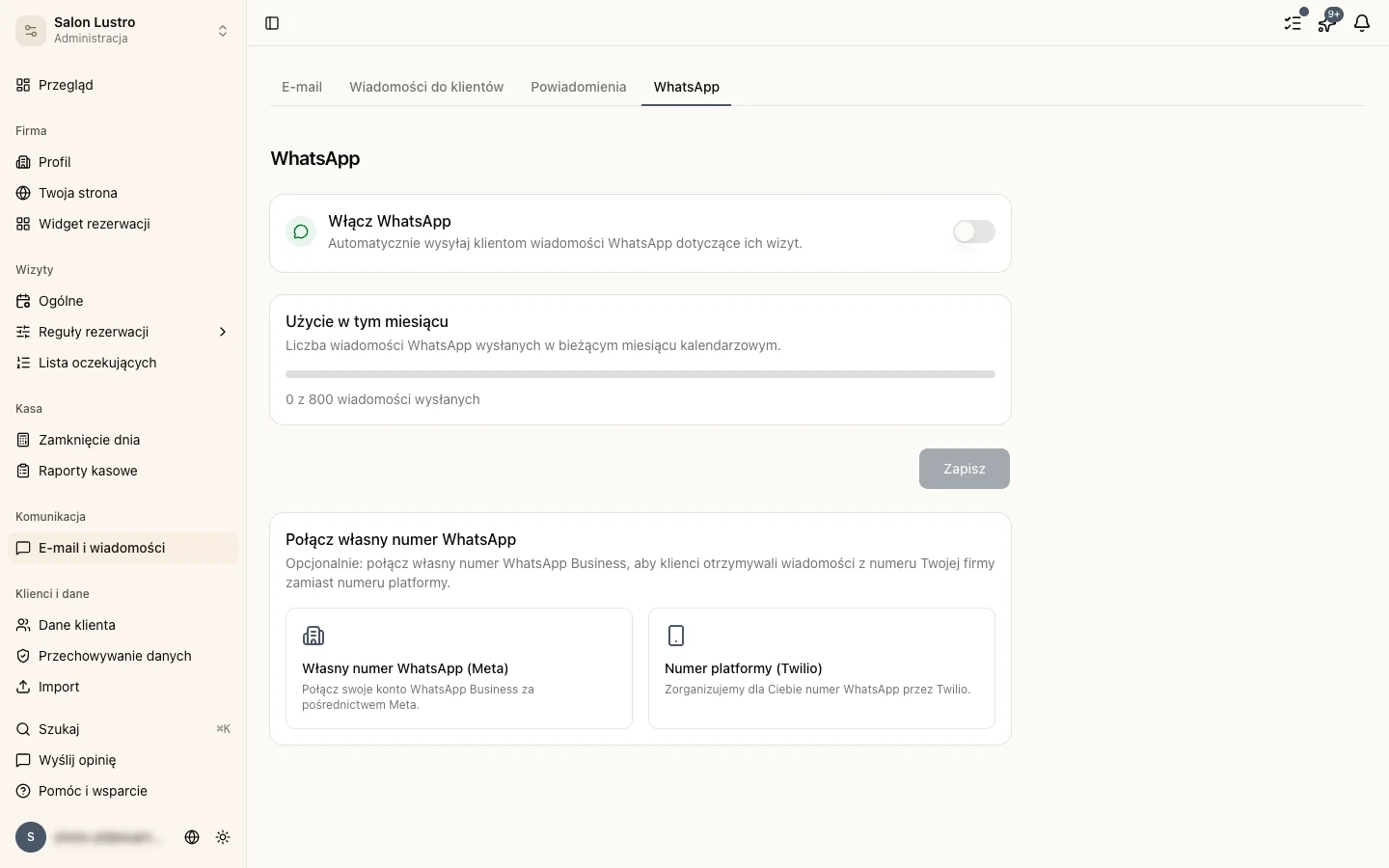 Strona ustawień WhatsApp
