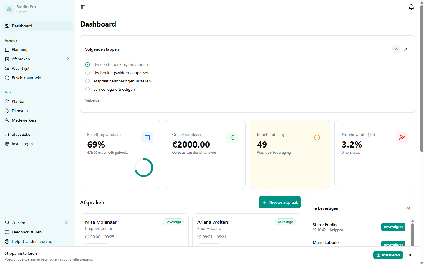 Dashboard met nieuwe afspraak zichtbaar