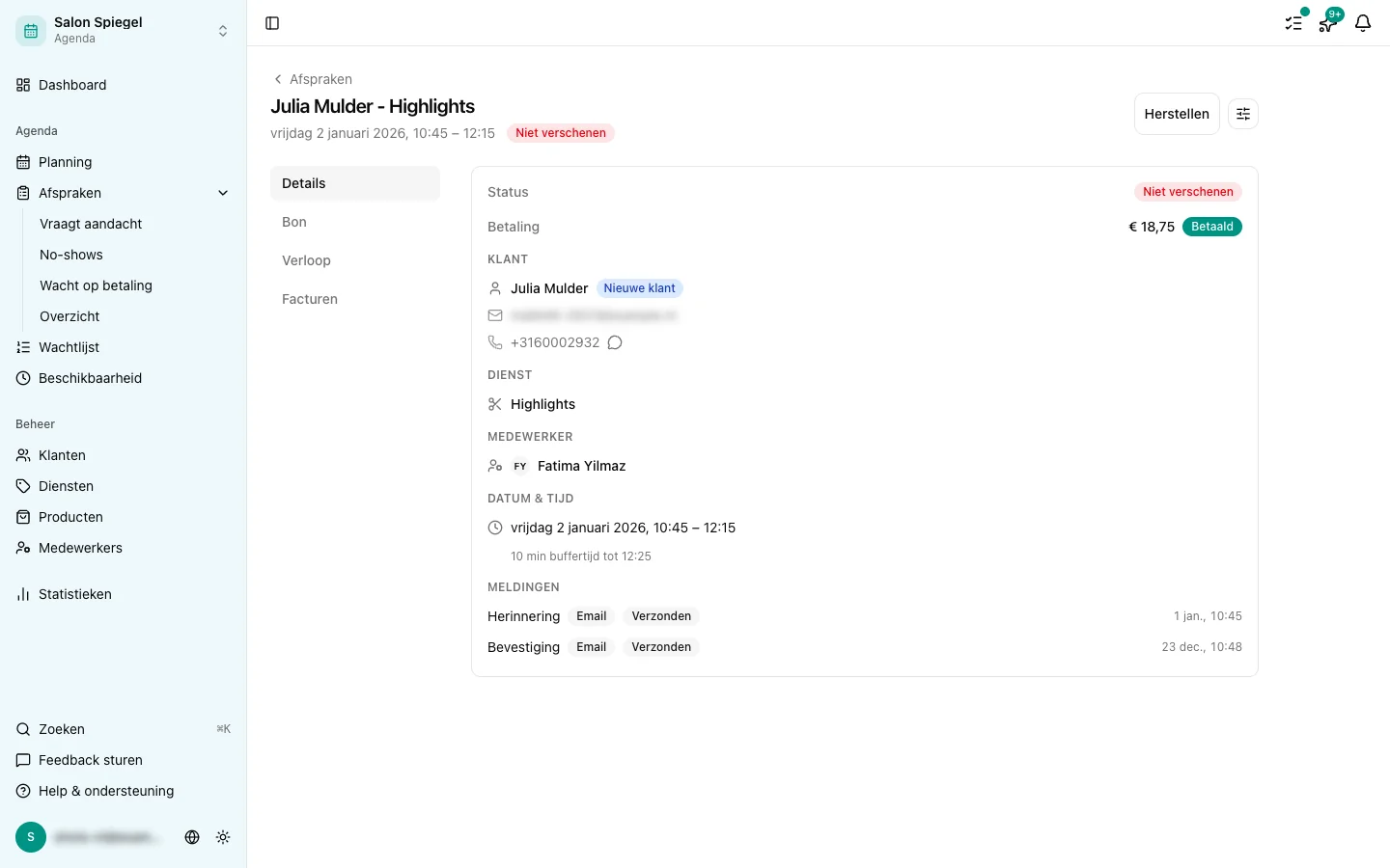 Afspraakdetail met betaalstatus