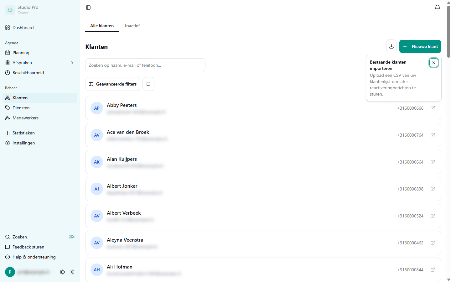 Klantenlijst in het dashboard