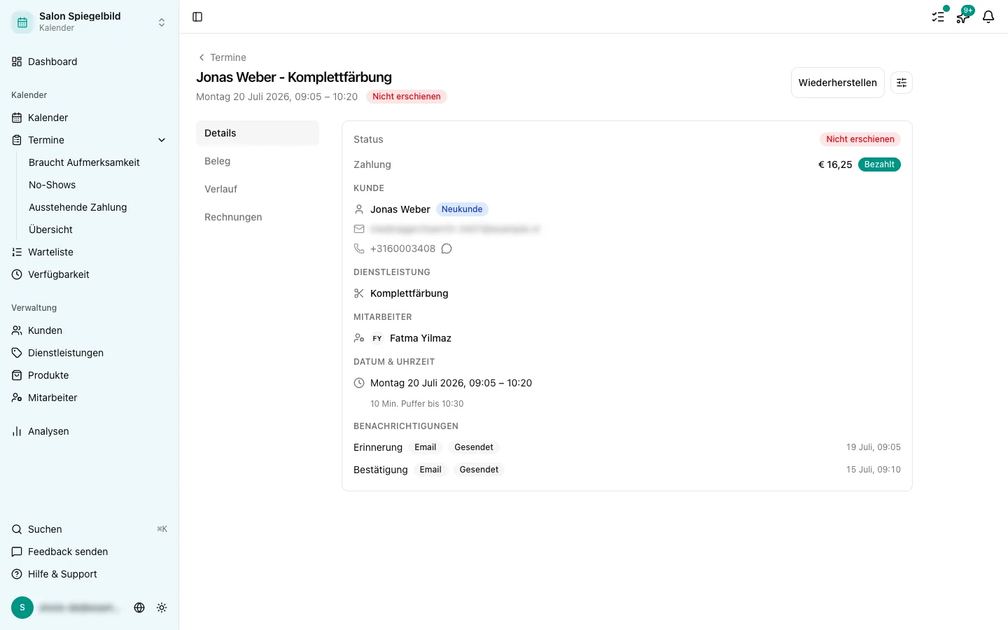 Termindetail mit dem Zahlungsstatus