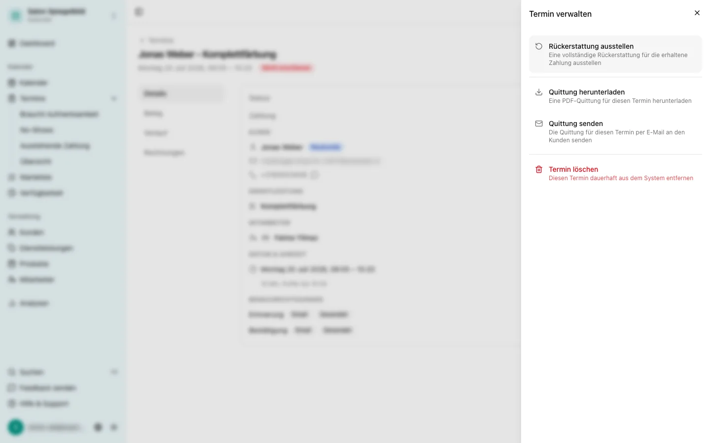 Termindetail mit der Schaltfläche für die Rückerstattung