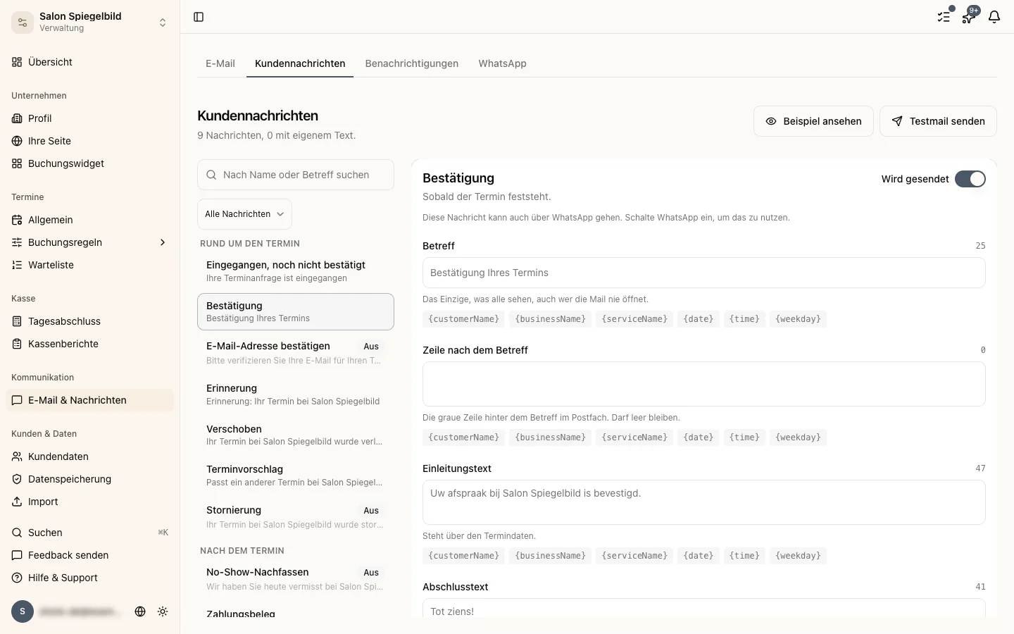 Der Bildschirm Kundennachrichten mit geöffneter Bestätigungsmail