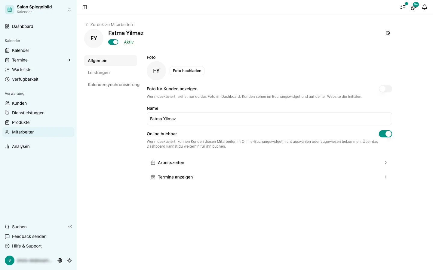 Die Seite Verfügbarkeit eines Mitarbeiters