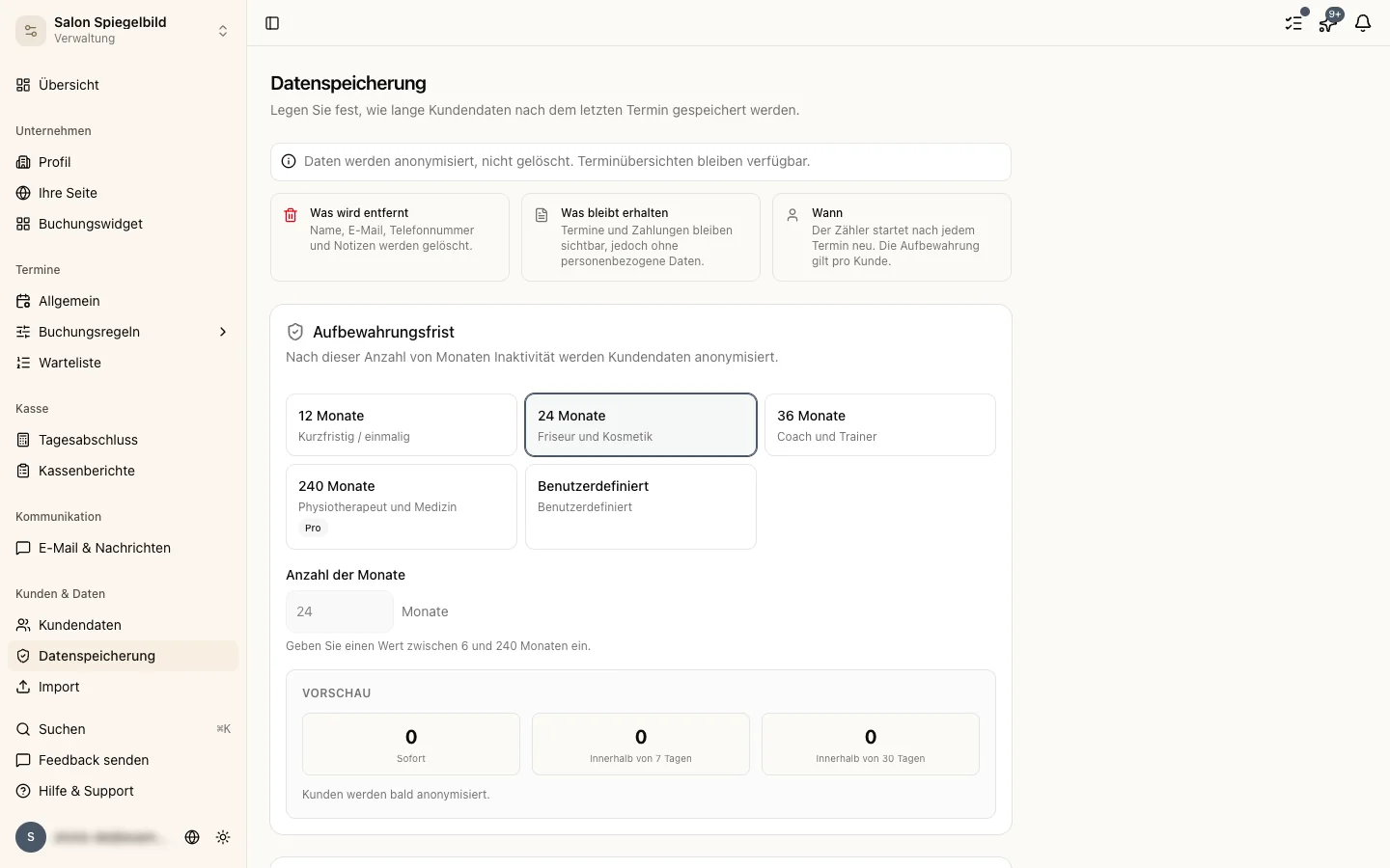 Die Einstellung zur Datenspeicherung in den allgemeinen Einstellungen