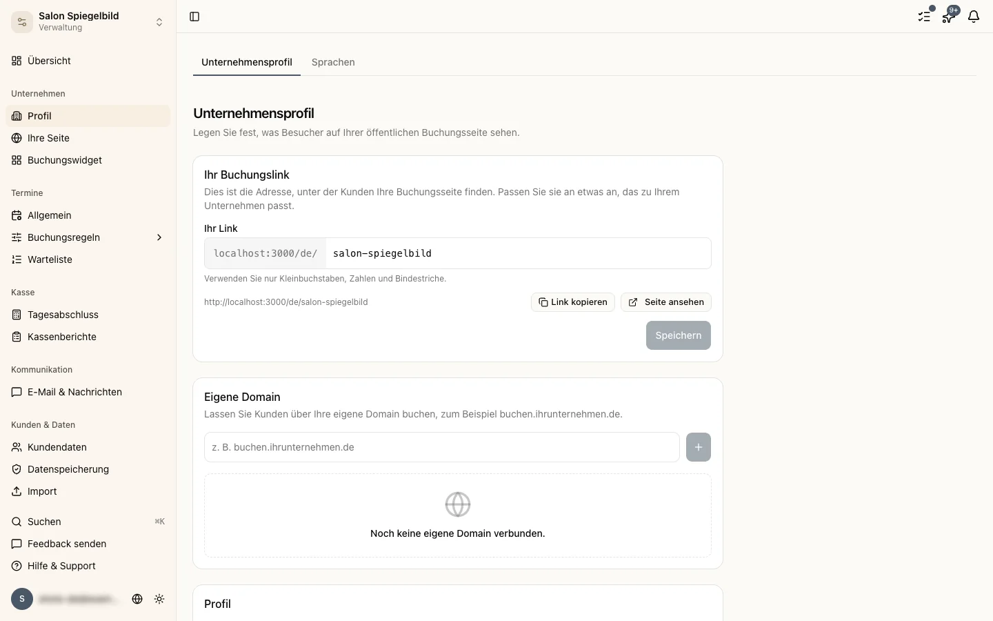 Die Einstellungsseite des Unternehmensprofils