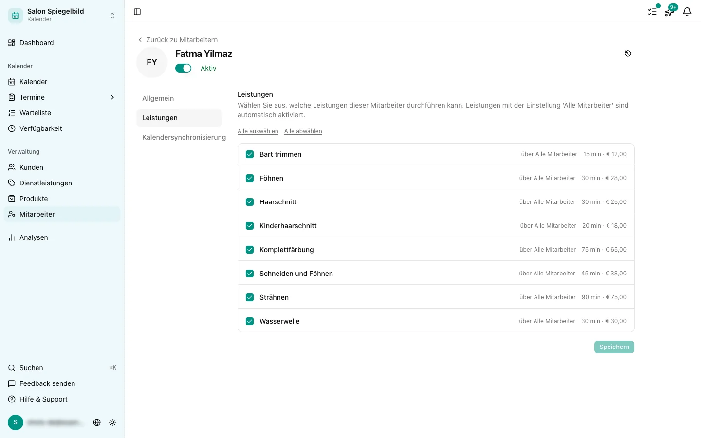 Mitarbeiterdetail mit der Verknüpfung zu Dienstleistungen