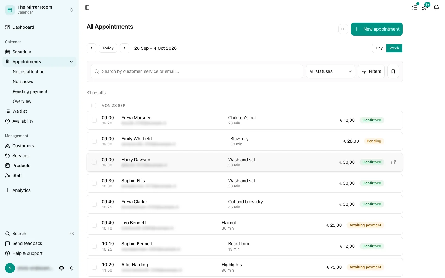 The appointments overview with its different status badges