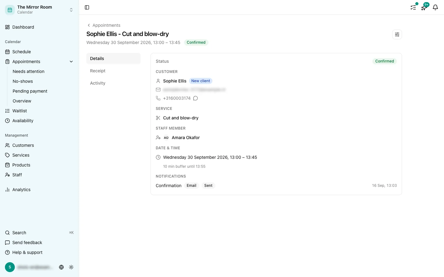 The appointment detail panel with its edit button and status badge