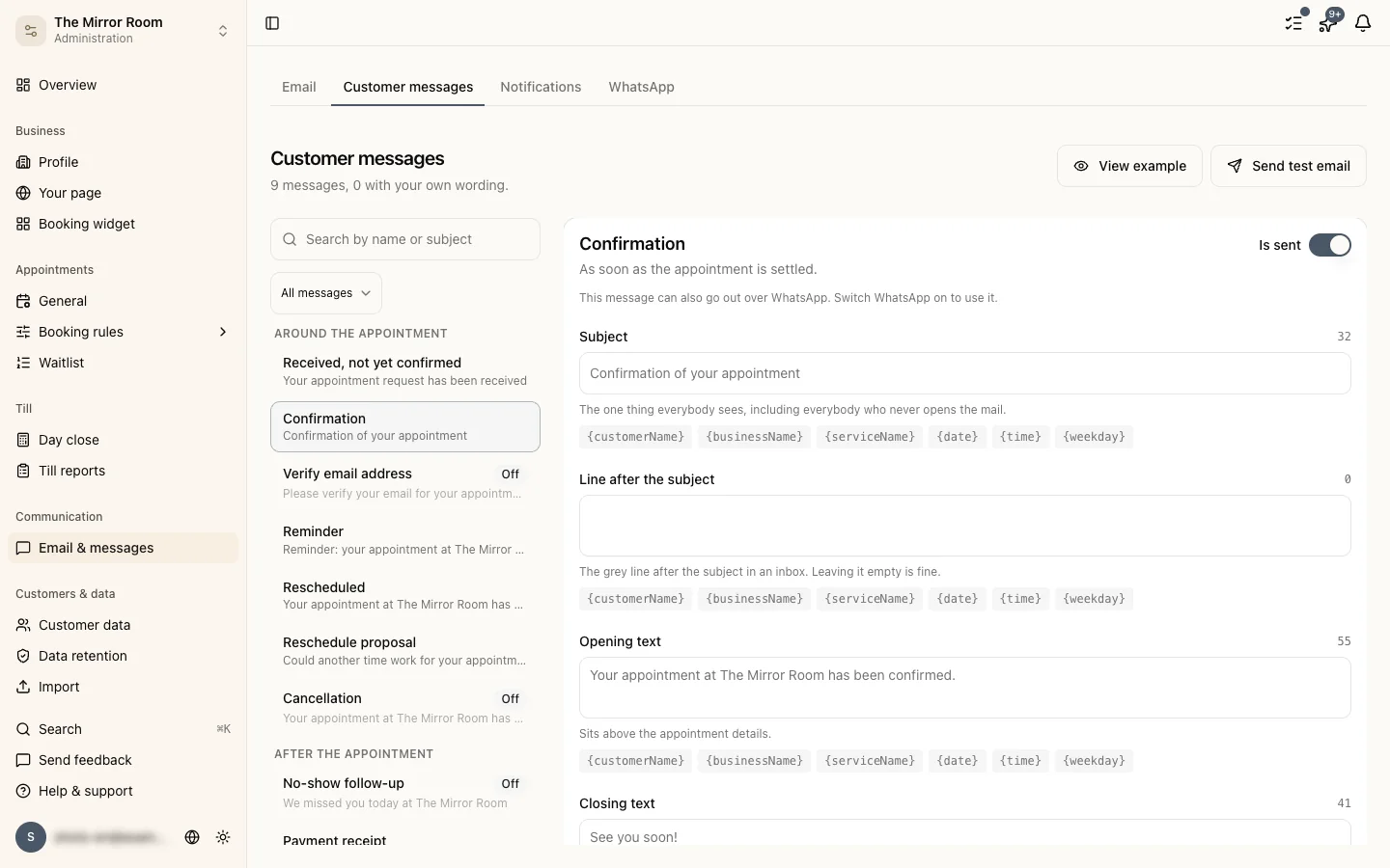 The Customer messages screen with the confirmation email open