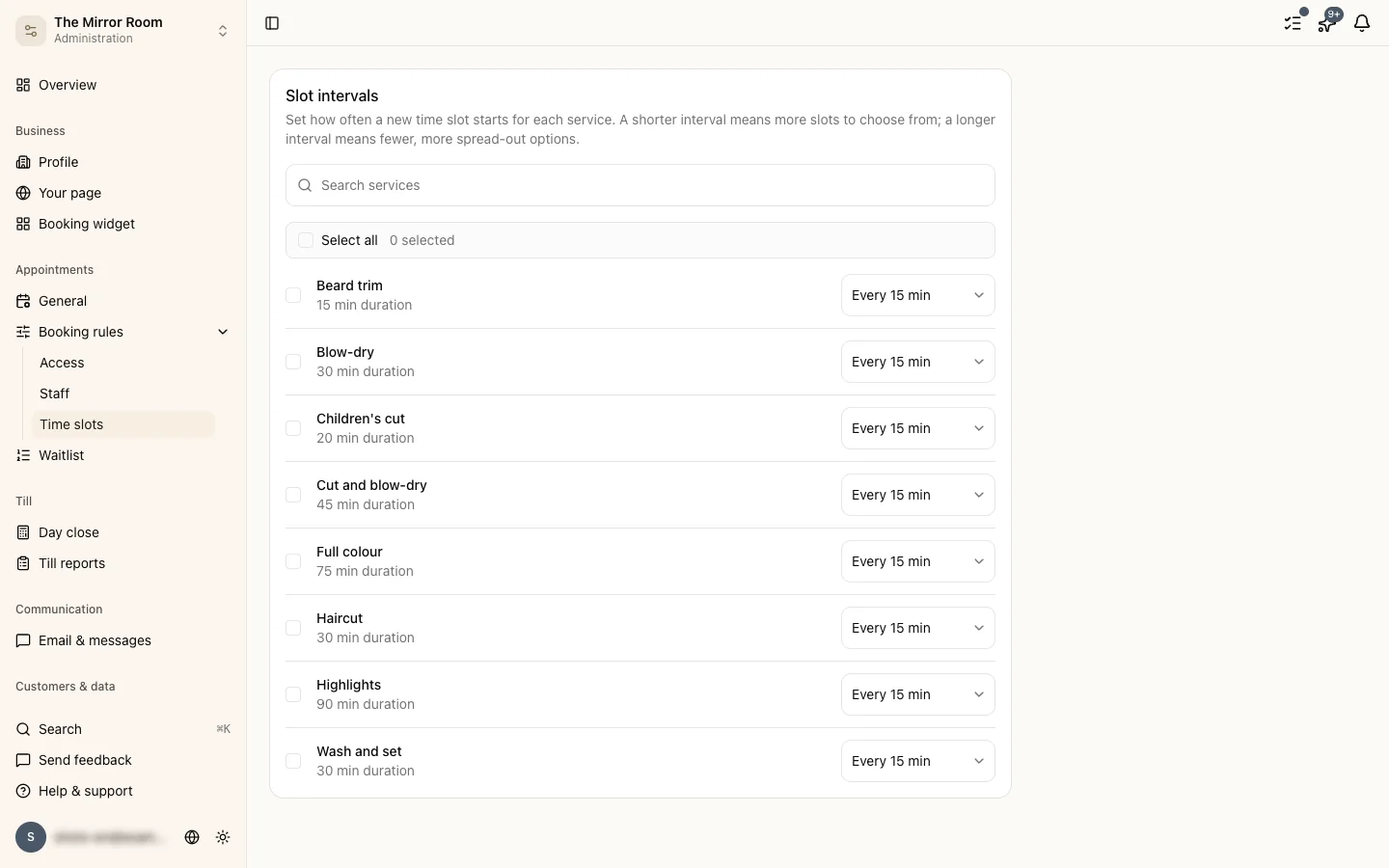 Setting the slot interval on the availability page