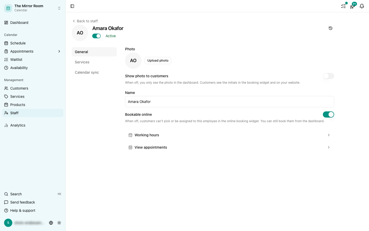 The availability page for one staff member