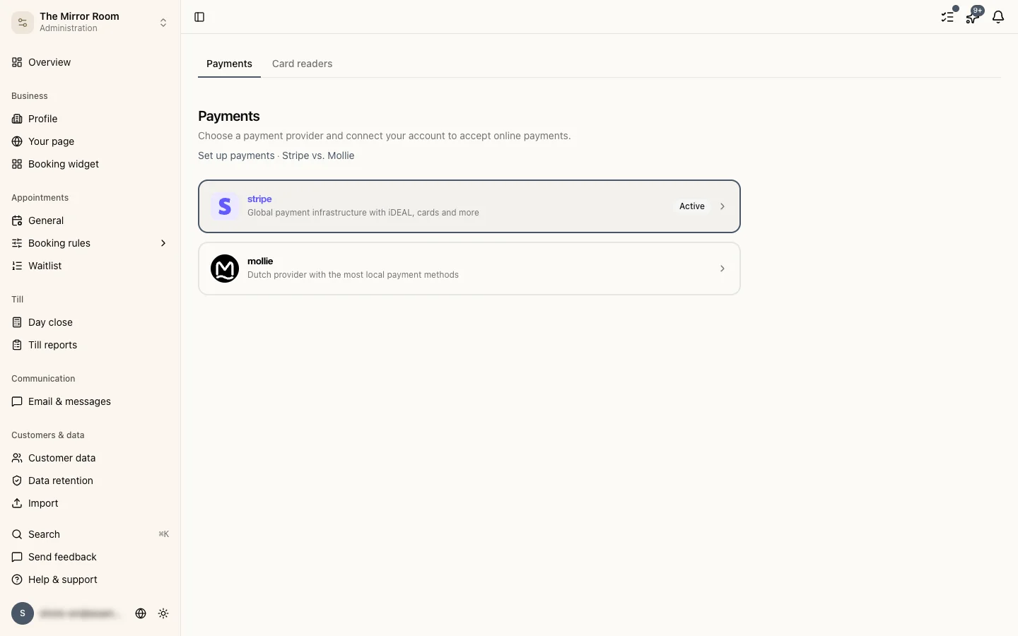 The payment settings showing Stripe connected