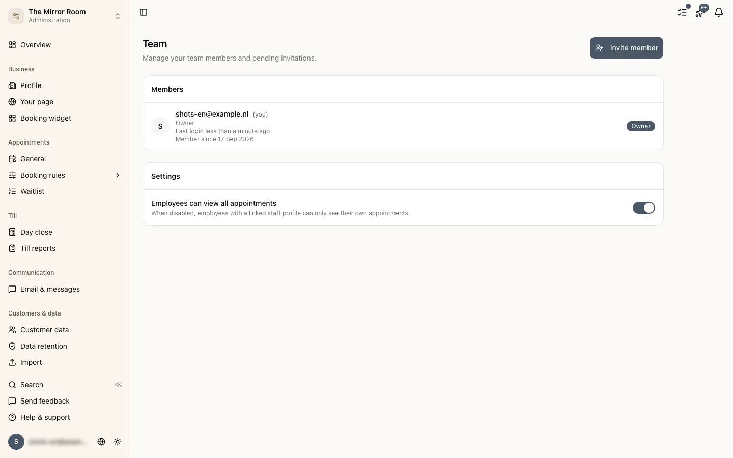 The team overview in the settings
