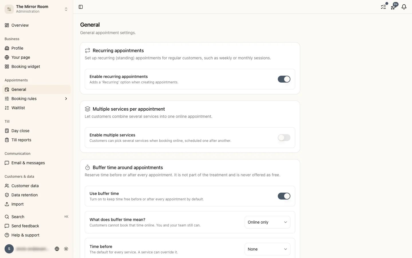 The general settings page