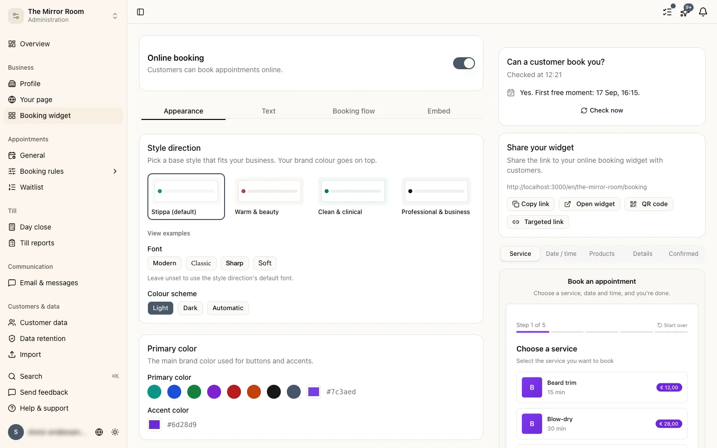 The booking widget settings page