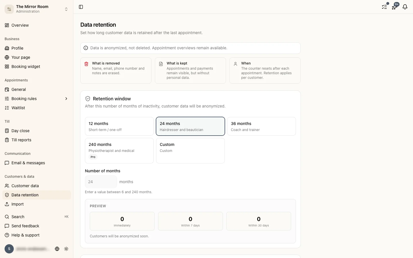 The data retention setting in the general settings