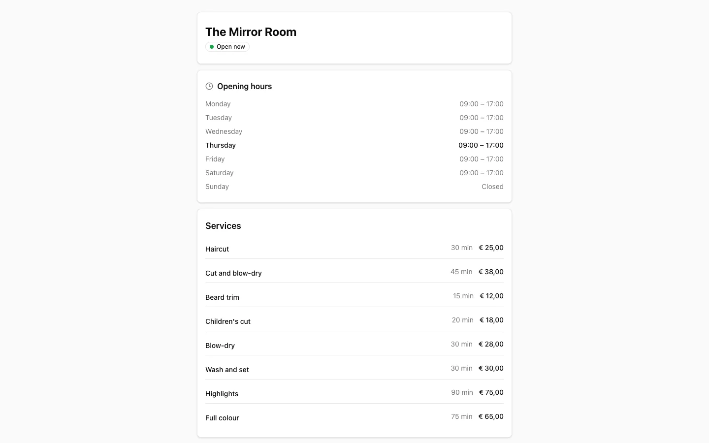 The public booking page with the business name and logo