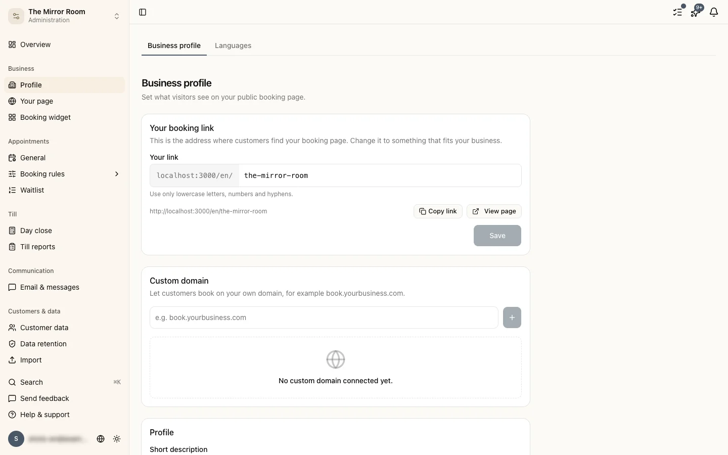 The business profile settings page