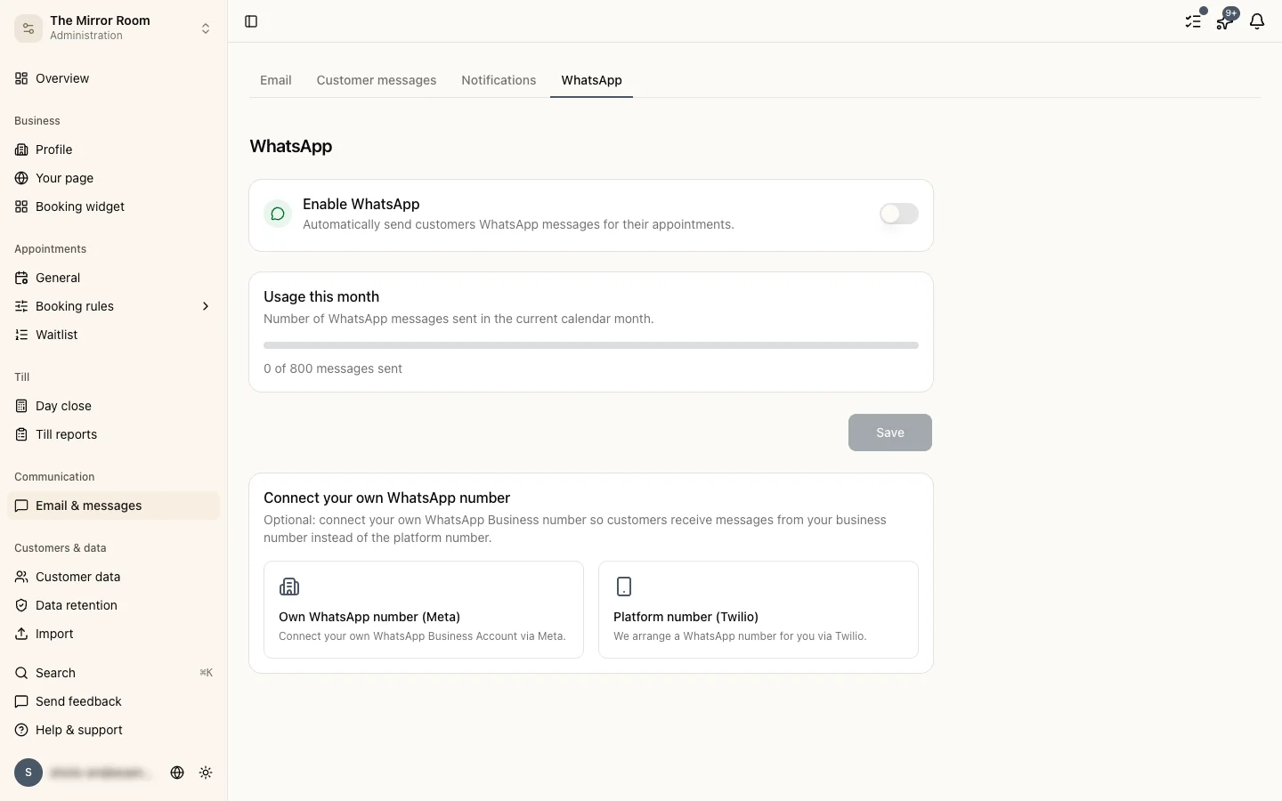 WhatsApp settings page