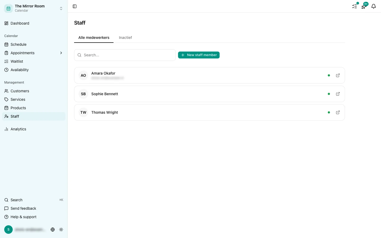 The staff list with the button for adding a new staff member