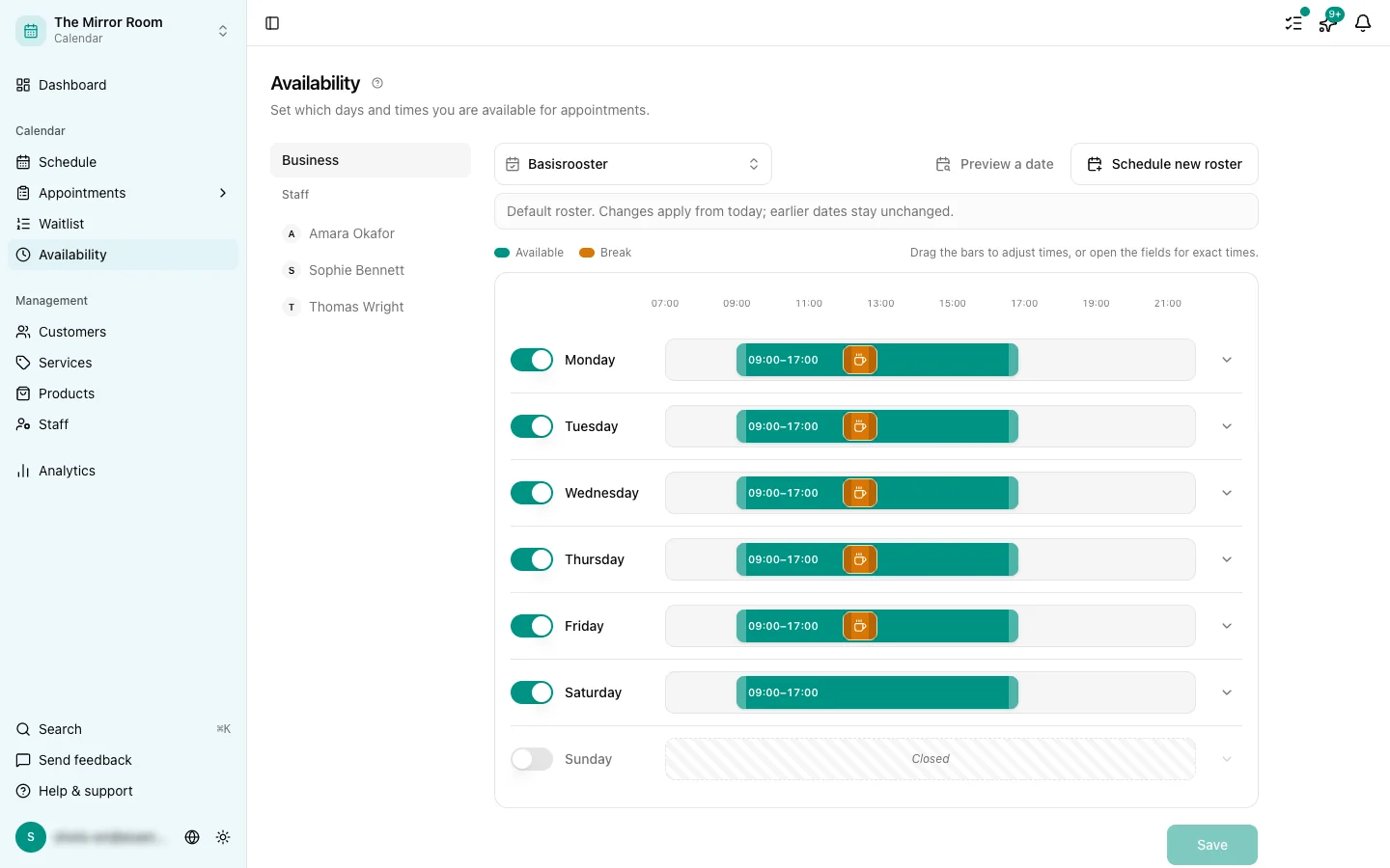 The availability settings page
