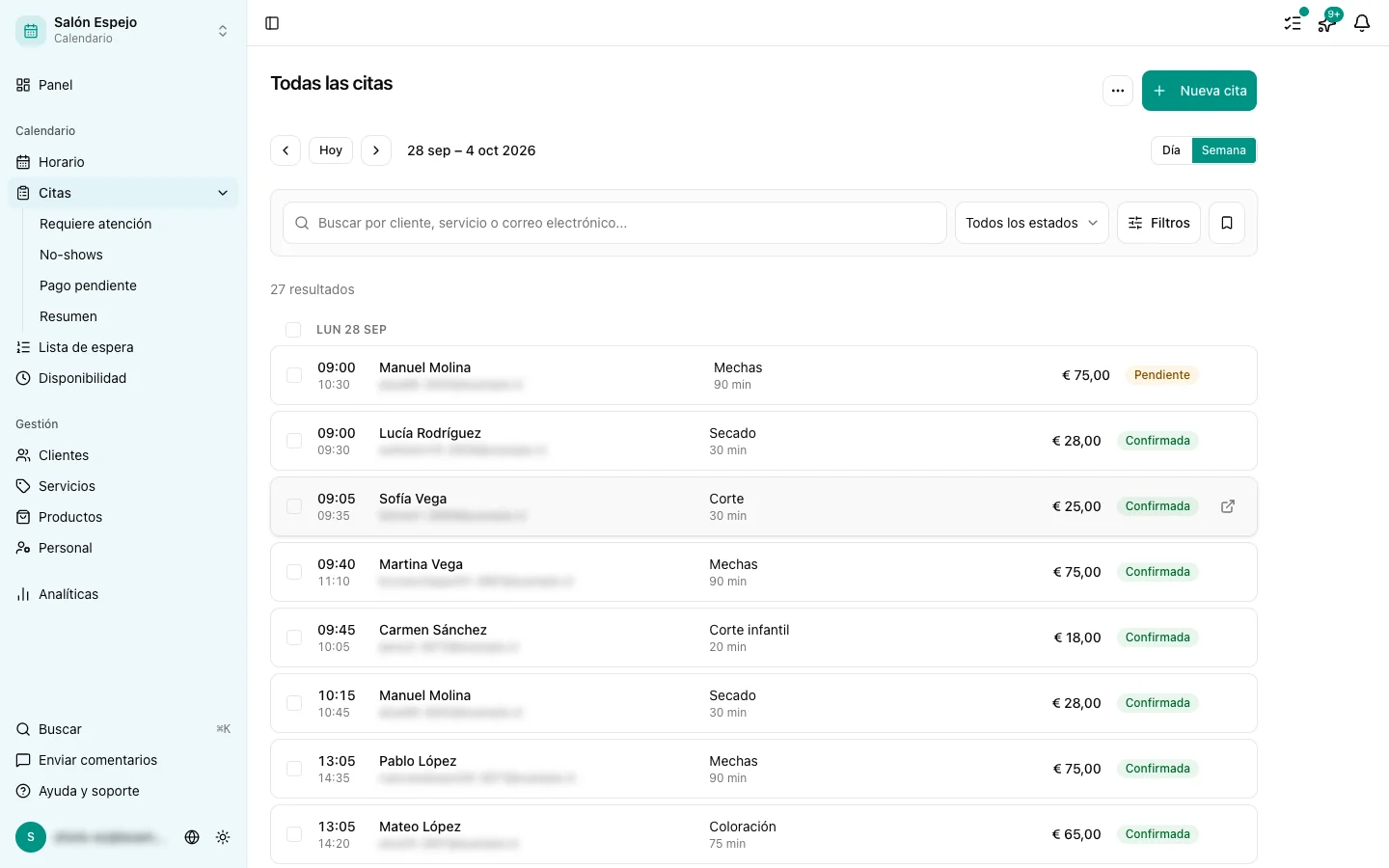 La lista de citas en el panel