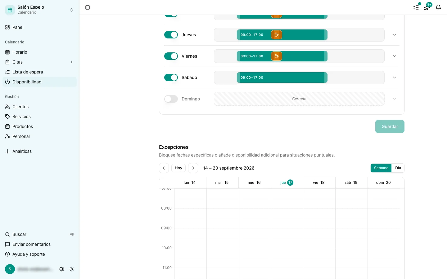 La lista de excepciones en la página de disponibilidad