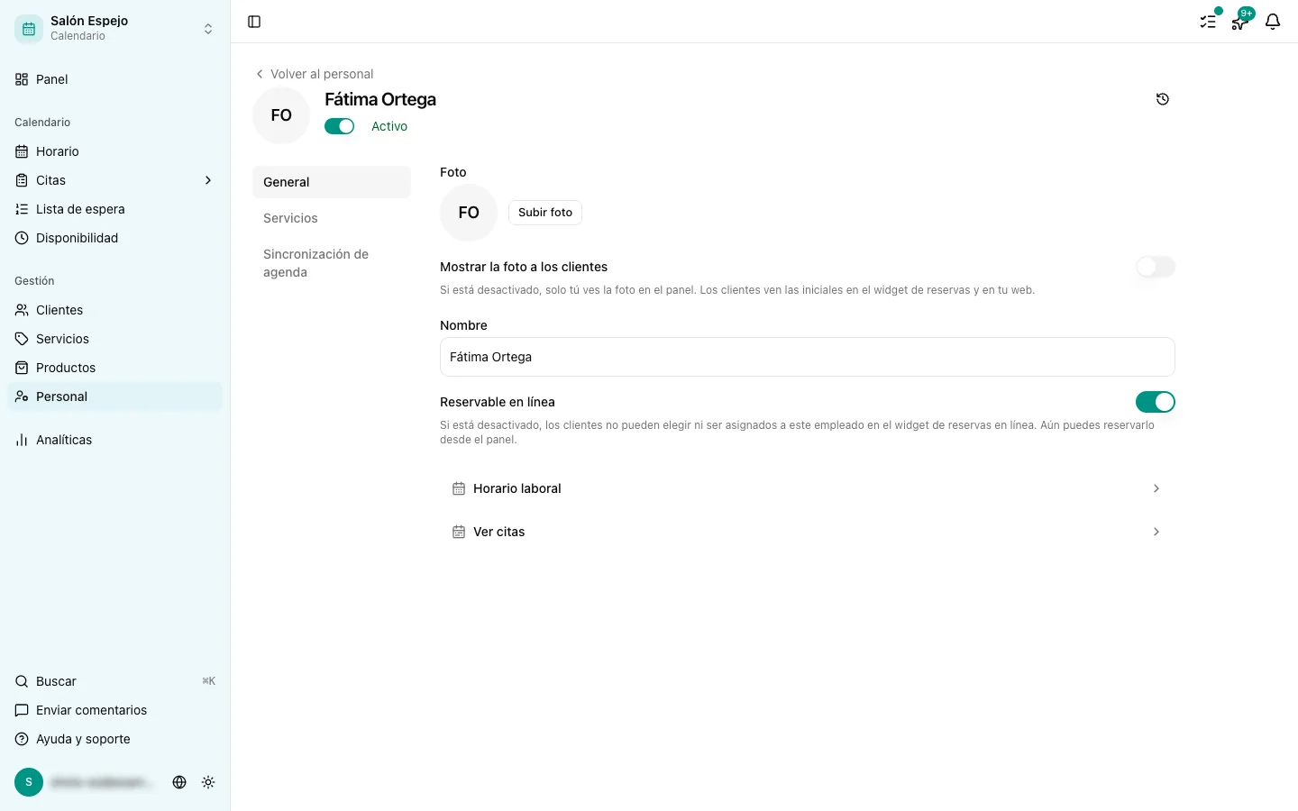 La página de disponibilidad de un miembro del personal
