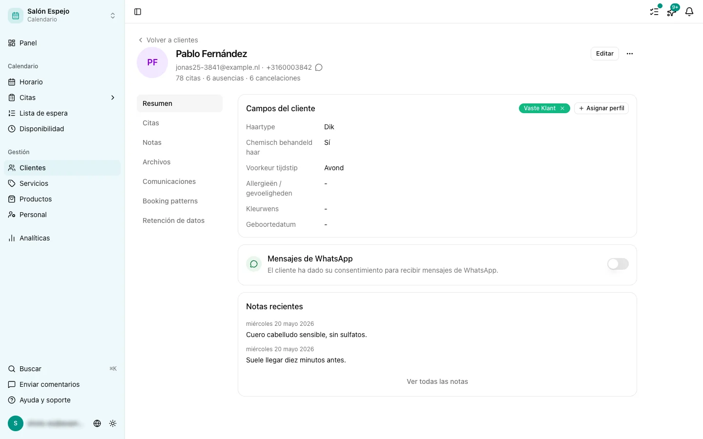 La ficha de un cliente con su historial de citas y sus notas