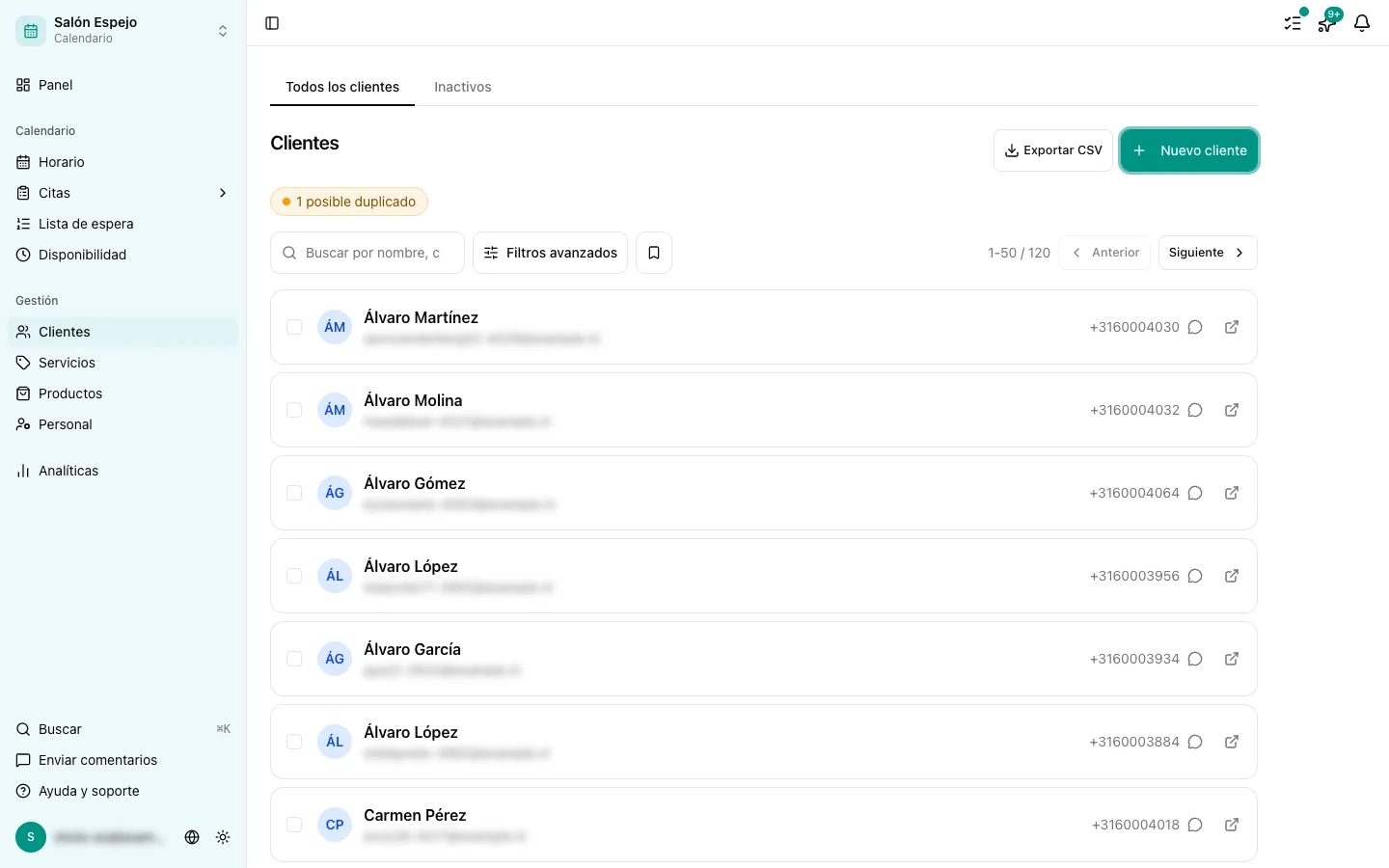 La lista de clientes en el panel