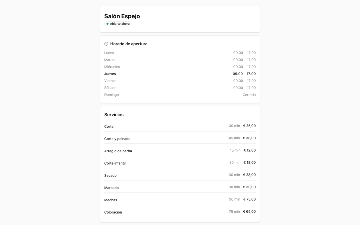La página de reservas pública tal como la ven los clientes
