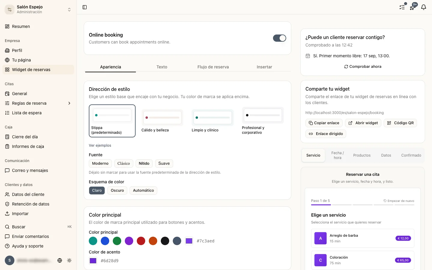 La página de ajustes del widget de reservas